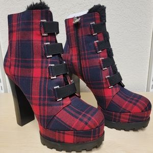 Plaid Platform Ankle Boots - Red and Black